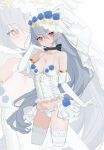  1girl absurdres bare_shoulders blue_flower blue_rose breasts bridal_lingerie bridal_veil center_frills choker cleavage closed_mouth collarbone commentary_request corset elbow_gloves flower frilled_panties frilled_thighhighs frills girls&#039;_frontline gloves grey_hair head_tilt highres jo_yaong korean_commentary lingerie long_hair looking_at_viewer medium_breasts panties red_eyes ribbon_choker rose smile solo thighhighs tokarev_(a_couple&#039;s_journey)_(girls&#039;_frontline) tokarev_(girls&#039;_frontline) underwear veil very_long_hair white_corset white_panties white_thighhighs zoom_layer 