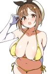  atelier_(series) atelier_ryza atelier_ryza_1 bikini breasts brown_eyes brown_hair ecgg_(tsuji418477) elbow_gloves gloves highres large_breasts looking_at_viewer reisalin_stout simple_background swimsuit white_background white_gloves yellow_bikini 