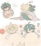  2boys ahoge animal_ears animal_hands apron arknights bag black_hair black_jacket blue-tinted_eyewear blue_eyes blue_vest blush bucket cat_boy cat_ears cat_tail chibi chibi_only closed_eyes doctor_(arknights) dog_boy dog_ears dog_paws dog_tail dr_janglong english_commentary eyewear_on_head flannel food green-tinted_eyewear grey_jacket hair_between_eyes hand_up heart holding holding_hands holding_plate hood hood_down hooded_jacket hoodie jacket ketchup lying male_doctor_(arknights) male_focus multiple_boys on_back plate sand seashell shell shovel starfish sunglasses sweat sweatdrop tail tequila_(arknights) tinted_eyewear vest white_hoodie yaoi yellow_apron 