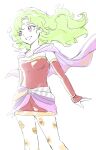  1girl breasts cape cowboy_shot dede_(qwea_00000) detached_sleeves dress final_fantasy final_fantasy_vi gold_trim green_hair long_hair medium_breasts pantyhose parted_lips print_pantyhose purple_cape purple_eyes red_dress red_sleeves sash sketch smile solo strapless strapless_dress teeth terra_branford tube_dress waist_sash wavy_hair white_background 