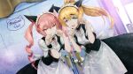  2girls akiha_rumiho alternate_costume animal_ears apron aqua_eyes back_bow belt_around_waist belt_buckle black_skirt blonde_hair bow breasts buckle buttons cat_ears chair choker collar dress drill_hair dutch_angle enmaided fake_animal_ears fingernails frilled_collar frilled_dress frilled_hairband frills game_cg grin hair_between_eyes hairband high_ponytail highres huke long_hair long_skirt looking_at_viewer maid maid_apron maid_cafe maid_headdress mayqueen_maid_uniform mayqueen_nyan_nyan medium_breasts multiple_girls non-web_source official_art open_mouth parted_lips paw_pose pink_eyes pink_hair pink_lips ponytail puffy_short_sleeves puffy_sleeves red_ribbon ribbon ribbon-trimmed_collar ribbon-trimmed_corset ribbon-trimmed_hairband ribbon-trimmed_sleeves ribbon_trim ringed_eyes shiina_mayuri shiny_lips short_sleeves skirt small_breasts smile square_pupils steins;gate tareme teeth tongue tsurime twin_drills twintails upper_teeth_only waitress white_apron white_bow white_dress wig wrist_cuffs 