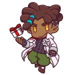  1boy anime_coloring ankle_boots artist_request asymmetrical_hair baggy_pants black_collar black_gloves black_sweater blush_stickers boots box brown_boots brown_hair chibi chibi_only child clenched_hand closed_mouth coat collar collared_coat collared_sweater dark-skinned_male dark_skin dreadlocks fingerless_gloves game_cg gift gift_box gloves green_pants grey_sleeve_cuffs hair_tie high_collar lace-up_boots long_sleeves looking_at_viewer male_focus ninjala official_art outline pants popped_collar purple_outline ribbed_sweater ron_(ninjala) second-party_source short_hair sidecut smile solo sweater thick_outlines turtleneck turtleneck_sweater two-sided_coat two-sided_fabric undercut white_background white_coat white_sleeves yellow_eyes zipper 