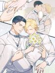  2boys black_hair blonde_hair bouquet bow bowtie carrying closed_eyes collared_shirt commentary_request couple dion_lesage dress_shirt earrings final_fantasy final_fantasy_xvi flower hasuha_makoto highres holding holding_bouquet jacket jewelry kiss layered_sleeves long_sleeves male_focus multiple_boys pants parted_hair piercing princess_carry ring shirt short_hair short_sideburns smile suit suit_jacket terrence_(ff16) watermark wedding wedding_ring white_flower white_jacket white_pants white_shirt white_suit yaoi 
