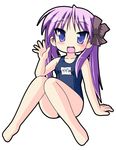  barefoot hiiragi_kagami lucky_star neopure one-piece_swimsuit purple_hair school_swimsuit solo swimsuit twintails waving 