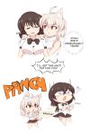  2girls ahoge animal_ear_fluff animal_ears black_hair black_skirt black_wings breasts closed_eyes closed_mouth commentary english_commentary english_text hair_between_eyes highres inubashiri_momiji jungleboyayaya large_breasts massage multiple_girls no_headwear open_mouth punching red_eyes relaxing shameimaru_aya short_hair shoulder_massage simple_background skirt sound_effects speech_bubble spirit tail tengu thought_bubble touhou white_background white_hair wings wolf_ears wolf_girl wolf_tail 