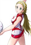  1girl alternate_eye_color arm_up bad_id bad_twitter_id blonde_hair commentary cowboy_shot girls_und_panzer green_eyes gundam hair_pulled_back hairband haro highres holding long_hair looking_to_the_side omachi_(slabco) open_mouth ponytail red_shirt red_shorts sasaki_akebi shirt short_shorts shorts simple_background single_vertical_stripe sleeveless sleeveless_shirt solo sportswear standing sweat volleyball_uniform white_background white_hairband 