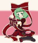  artist_request blush boots bound bow dress frills front_ponytail green_eyes green_hair kagiyama_hina ribbon solo tied_up touhou 