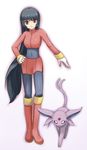  black_bodysuit black_hair bodysuit boots espeon forked_tail gen_2_pokemon gloves gym_leader long_hair natsume_(pokemon) ni-jo pantyhose pokemon pokemon_(creature) pokemon_(game) pokemon_rgby red_eyes tail very_long_hair 