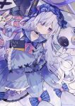  1girl black_choker blue_bow blue_dress blue_hairband bow choker closed_mouth crescent dress frilled_dress frilled_sleeves frills hair_over_one_eye hair_spread_out hairband highres hisuiyasai holding holding_sketchbook lolita_fashion lolita_hairband long_hair long_sleeves looking_to_the_side lying mahou_shoujo_no_majo_saiban natsume_anan on_back purple_eyes sketchbook sleeves_past_wrists solo stuffed_animal stuffed_rabbit stuffed_sheep stuffed_toy very_long_hair white_hair wide_sleeves 