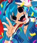  1girl arm_up black_choker black_eyes blue_dress blue_hair blue_hat bow choker collarbone collared_dress dress fangs fingernails hair_between_eyes hand_on_own_head hand_up hashtag-only_commentary hat hat_bow hatsune_miku highres horizontal-striped_bow long_hair looking_at_viewer mesmerizer_(vocaloid) open_mouth pinstripe_hat qwertyugtxhfj red_background red_bow sailor_collar solid_circle_eyes solo teeth tongue tongue_out twintails two-tone_bow vocaloid white_bow white_sailor_collar white_wrist_cuffs wrist_cuffs 