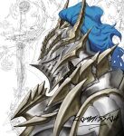  1other abstract_background armor blue_plume chainmail commission from_side helm helmet highres knight original profile russian_commentary shoulder_armor spiked_armor white_background 