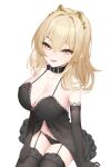  1girl absurdres alternate_costume azur_lane babydoll belt_collar black_babydoll black_garter_straps black_gloves black_panties black_thighhighs blonde_hair breasts cleavage collar collarbone commentary_request elbow_gloves garter_straps gloves hair_intakes highres invisible_chair lace-trimmed_panties lace-trimmed_thighhighs lace_trim large_breasts lion_(azur_lane) long_hair looking_at_viewer open_mouth panties simple_background sitting solo spaghetti_strap thighhighs underwear white_background wlswlp yellow_eyes 