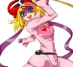  blonde_hair bodysuit green_eyes hairu hat jacket kaminari_ai mask pink_bodysuit short_hair smile solo time_bokan_(series) yatterman 