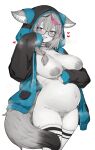  1girl absurdres animal_ears black_jacket blue_jacket braid breasts choker club_(shape) cowboy_shot diamond_(shape) facial_mark fang female_pubic_hair fox_ears fox_tail glasses hands_up heart heart_in_eye heavy_breathing highres hololive hood hood_up hooded_jacket inverted_nipples jacket jewelry lace lace_choker lactation large_breasts long_hair looking_at_viewer multicolored_hair multicolored_jacket omaru_polka open_mouth partially_colored pink_hair plus_sign pregnant pubic_hair purple_eyes ring semi-rimless_eyewear skin_fang smile solo sparkle star_(symbol) streaked_hair striped_clothes sweat symbol_in_eye tail thighhighs two-tone_jacket varniskarnis veins veiny_breasts wedding_ring 