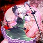  black_hairband blue_eyes dual_wielding ghost hairband hitodama holding inte katana konpaku_youmu konpaku_youmu_(ghost) short_hair silver_hair solo sword touhou weapon 