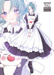  1girl absurdres alternate_costume apron ayamisiro black_boots blue_eyes boots bow dress final_fantasy final_fantasy_vi green_hair hair_bow highres looking_at_viewer maid maid_apron moogle ponytail terra_branford white_background zoom_layer 