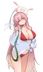  1girl ahoge bikini bikini_under_clothes blue_archive blush commentary_request green_eyes halo halterneck hanako_(blue_archive) hanako_(swimsuit)_(blue_archive) highres holding holding_hose hose huge_ahoge long_hair looking_at_viewer official_alternate_costume painterliuhao pink_eyes red_bikini shirt simple_background smile solo straight_hair string_bikini swimsuit thighs very_long_hair white_background white_shirt 