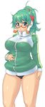  blush bottomless breasts curvy glasses green_eyes green_hair homeko jacket large_breasts legs long_hair non-web_source os-tan plump ponytail solo track_jacket xp_home-tan 