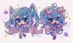  2girls ahoge asymmetrical_legwear blue_eyes blush bow chibi crescent crescent_hair_ornament detached_sleeves digital_stars digital_stars_gumi digital_stars_gumi_(2021) digital_stars_miku digital_stars_miku_(2021) dot_nose dress eyewear_on_head fang frilled_dress frills gumi hair_between_eyes hair_ornament hairclip hairpin hashtag-only_commentary hatsune_miku highres jacket long_hair long_sleeves looking_at_viewer makeup mismatched_legwear multicolored_hair multiple_girls nose_blush open_mouth pink_bow rouge_(makeup) screentones see-through_clothes see-through_sleeves shoes star_(symbol) star_hair_ornament suuroku twintails unworn_eyewear very_long_hair vocaloid 