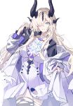  1girl absurdres arknights black_jacket black_thighhighs blonde_hair blue_eyes breasts commentary dragon_horns dress english_commentary fire hair_over_one_eye highres horns jacket light_in_heart long_hair long_sleeves looking_at_viewer medium_breasts necrass_(arknights) purple_fire sidelocks simple_background skirt_hold smile solo sparks_summer thighhighs torn_clothes torn_thighhighs very_long_hair white_background white_dress 