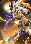  1boy ancient_egyptian_clothes animal_ear_headwear animal_ears armored_boots belt black_arm_warmers black_belt black_shirt black_shorts boots closed_mouth colored_eyelashes cyno_(genshin_impact) dog_ears embers expressionless eyelashes floating_hair full_body full_moon genshin_impact gold_boots hand_on_headwear helmet highres leg_belt male_focus midriff moon one_eye_covered outdoors pillar red_eyes shirt shorts sidelocks solo squatting tan twilight usekh_collar ye_dian_pikaqiu 