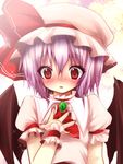  blush fujisaki_hikari hand_on_own_chest highres jewelry lavender_hair red_eyes remilia_scarlet slit_pupils solo sparkle touhou upper_body wings wrist_cuffs 