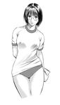  arms_behind_back blush buruma copyright_request glasses greyscale gym_uniform mole mole_under_mouth monochrome screentones shinobu_(tyno) short_hair solo 