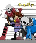  1other 2boys armor black_boots black_shorts blue_jacket blue_shorts blue_sweater boots brown_hair closed_mouth frisk_(undertale) full_body gloves grin highres hinakomochiut holding holding_stick jacket knife multiple_boys open_mouth papyrus_(undertale) pink_slippers red_boots red_gloves sans_(undertale) shadow short_hair shorts skeleton slippers smile stick sweater teeth translation_request twitter_username undertale white_armor white_background white_gloves 