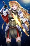  1girl :o adapted_weapon alternate_costume armor black_dress black_gloves black_thighhighs blonde_hair commentary_request dress elbow_gloves fate_testarossa gloves hand_on_blade highres holding holding_sword holding_weapon long_hair looking_at_viewer lyrical_nanoha mahou_shoujo_lyrical_nanoha_strikers night night_sky paid_reward_available parted_bangs pauldrons red_eyes shoulder_armor sky solo sougetsu_izuki standing star_(sky) starry_sky sword thighhighs unsheathed weapon 