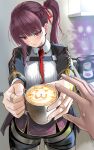  1girl absurdres bandaid_on_finger black_jacket black_shorts blunt_bangs blush braid chest_strap closed_mouth coffee_mug coffee_pot collared_shirt cup girls&#039;_frontline half_up_braid highres jacket makiatto_(girls&#039;_frontline_2) mug necktie open_clothes open_jacket pantyhose ponytail pov red_eyes red_necktie shirt short_shorts shorts sidelocks solo standing thigh_gap tsundere wa2000_(girls&#039;_frontline) waizumi_(vestineislancer) white_shirt 