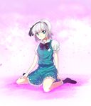  aqua_eyes bad_id bad_pixiv_id black_legwear bob_cut bow bowtie cherry_blossoms konpaku_youmu petals sasamori_tomoe short_hair silver_hair sitting skirt skirt_set socks solo touhou wariza 