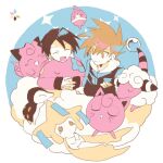  2boys blue_oak clefairy cloud cyndaquil ethan_(pokemon) flaaffy holding holding_pokemon igglybuff jigglypuff jirachi light_smile multiple_boys munna pastel_colors pink_theme pokemon pokemon_(creature) simple_background smcms-m smile 