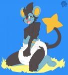 big_ears black_body black_fur blue_background blue_body blue_fur blush blush_lines bubblepuppers cheek_tuft clothed clothing diaper diaper_only eyebrows facial_tuft felid feline full-length_portrait fur generation_4_pokemon hand_on_diaper hi_res kneeling looking_at_viewer luxray male mammal nintendo open_mouth outside pokemon pokemon_(species) portrait shinespark simple_background smile solo star_tail three-quarter_view tongue tongue_out topless touching_diaper tuft watermark wearing_diaper