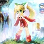  1girl :o blonde_hair child detached_sleeves ein_(long_cake) green_eyes hair_ribbon long_hair ponytail red_skirt ribbon rockman rockman_(character) rockman_(classic) roll skirt 