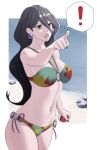  ! 1girl absurdres armpits bare_arms bare_shoulders beach bikini black_eyes black_hair black_nails breasts collarbone earrings hair_between_eyes hex_maniac_(pokemon) hex_maniac_(pokemon_legends:_z-a) highres holding holding_poke_ball jewelry long_hair medium_breasts multicolored_bikini nail_polish navel o-ring o-ring_bikini ocean outdoors pointing poke_ball pokemon pokemon_legends:_z-a pomelomelon rock solo spoken_exclamation_mark standing stomach swimsuit thighs very_long_hair 