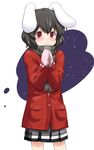  animal_ears black_hair blush bunny_ears chiyomi coat contemporary inaba_tewi mittens red_eyes scarf short_hair simple_background smile solo touhou winter_clothes winter_coat 