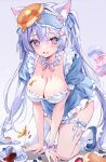  1girl @_@ absurdres animal_ears arm_support asymmetrical_legwear banana_peel blue_dress blue_eyes blue_nails blue_ribbon blue_shoes blush bow breasts cat_ears cat_tail cleavage collar collarbone collared_shirt commentary_request crossed_bangs cup double-parted_bangs dress dropped_food eneru_(enepuni) flower food frilled_collar frilled_dress frills fruit hair_flower hair_ornament highres jewelry kneeling large_breasts long_hair looking_at_viewer nail_polish open_mouth original pancake paw_hair_ornament pink_bow plate puffy_short_sleeves puffy_sleeves ribbon shirt shoes short_dress short_sleeves sidelocks signature single_thighhigh single_wrist_cuff skindentation sleep_mask smile socks solo strawberry tail tail_bow tail_ornament thighhighs thighlet twintails variant_set very_long_hair white_collar white_flower white_socks white_thighhighs wrist_cuffs x_hair_ornament 