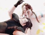  1boy 1girl aerith_gainsborough arm_up armor bare_shoulders black_gloves black_hair braid braided_ponytail brown_hair closed_eyes commentary_request couple crisis_core_final_fantasy_vii cross_scar dress earrings elbow_rest falling_petals final_fantasy final_fantasy_vii foot_up gloves hair_ribbon happy hatidoricrisp head_rest highres jewelry long_hair lying on_back on_stomach open_mouth parted_bangs petals pink_ribbon ponytail ribbon scar scar_on_cheek scar_on_face shoulder_armor sleeveless sleeveless_dress sleeveless_turtleneck smile spiked_hair stud_earrings suspenders sweater turtleneck turtleneck_sweater upper_body yellow_petals zack_fair 