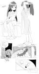  1boy 1girl :3 breasts dede_(qwea_00000) final_fantasy final_fantasy_ix frilled_nightgown full_body garnet_til_alexandros_xvii greyscale hand_in_own_hair highres long_hair medium_breasts monochrome multiple_views nightgown parted_bangs short_hair sitting sketch sleeping slippers white_background zidane_tribal 
