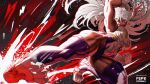  1girl animal_ears boku_no_hero_academia breasts dark-skinned_female dark_skin eye_trail flying_kick gloves grin highres kicking leotard light_trail long_eyelashes long_hair looking_at_viewer medium_breasts mirko muscular muscular_female pepedraws rabbit_ears sleeveless_turtleneck_leotard smile solo taut_leotard thick_thighs thighs turtleneck turtleneck_leotard white_gloves white_hair 