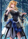  1girl alternate_costume black_dress black_sleeves blonde_hair breasts cleavage closed_mouth collarbone commentary_request detached_sleeves dress fate_testarossa halter_dress halterneck hands_up highres large_breasts long_hair looking_at_viewer lyrical_nanoha mahou_shoujo_lyrical_nanoha_strikers night paid_reward_available parted_bangs sky solo sougetsu_izuki standing star_(sky) starry_sky very_long_hair window 