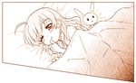  ahoge bed bed_sheet blanket blush half-closed_eyes kairakuen_umenoka lyrical_nanoha mahou_shoujo_lyrical_nanoha_strikers on_bed solo stuffed_animal stuffed_bunny stuffed_toy upper_body vivio 