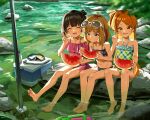  3girls ^_^ absurdres ahoge bare_legs barefoot bikini black_bikini black_hair blush brown_hair cabbage_(chlehd2239) closed_eyes commentary_request cooler eating eyewear_on_head food forest fruit goggles highres holding holding_food idolmaster idolmaster_million_live! long_hair looking_at_viewer mixed-language_commentary multiple_girls nakatani_iku nature navel ogami_tamaki one_side_up orange_hair partial_commentary short_hair sitting smile soaking_feet soles stomach sunglasses suou_momoko swimsuit toes v very_long_hair watermelon 
