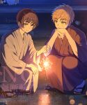  2boys america_(hetalia) animal artist_name axis_powers_hetalia black_cat black_hair black_kimono blonde_hair blurry blurry_background blush brown_eyes cat closed_mouth dog fingernails flip-flops green_eyes grey_kimono highres holding holding_fireworks japan_(hetalia) japanese_clothes kimono long_sleeves looking_at_another looking_at_viewer male_focus multiple_boys night outdoors pet sandals shadow short_hair smile socks squatting stairs striped_clothes striped_kimono watermark white_dog white_socks wide_sleeves yukata yukinununu 