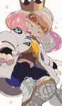  1girl black_gloves black_leggings boots crown dress fingerless_gloves gloves gold_dress gradient_hair highres inkling jacket kiirono leggings midriff_peek mole mole_under_mouth multicolored_hair multiple_girls navel open_clothes open_jacket pearl_(damp_socks_feat._off_the_hook)_(splatoon) pearl_(splatoon) pink_hair short_eyebrows smile solo splatoon_(series) splatoon_2 sunglasses tentacle_hair thick_eyebrows tinted_eyewear white_boots white_hair white_jacket yellow_eyes 