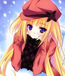  absurdres blonde_hair blush highres kisaragi_mifuyu long_hair moekibara_fumitake purple_eyes solo tayutama 