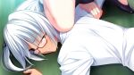  2girls asphyxiation black_ribbon black_shoes blue_eyes chiara_farrell fumio_(ura_fmo) game_cg glasses grisaia_(series) grisaia_no_rakuen hair_ribbon harudera_yuria knee_on_another&#039;s_neck long_sleeves lying multiple_girls non-web_source official_art on_ground on_stomach one_eye_closed out_of_frame red-framed_eyewear ribbon shirt shoes short_hair solo_focus tears teeth twintails upper_body variant_set white_hair white_shirt wince 