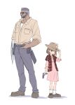  1boy 1girl bandaid bandaid_on_cheek bandaid_on_face barret_wallace beard belt bervens12 black_belt black_hair blue_pants brown_eyes brown_hair brown_shirt brown_shoes collared_shirt cowboy_hat dark-skinned_male dark_skin dress facial_hair father_and_daughter final_fantasy final_fantasy_vii flannel full_body gun hair_between_eyes hat highres holding holding_gun holding_weapon marlene_wallace pants pink_dress plaid_clothes plaid_shirt prosthetic_weapon red_shirt shirt shirt_over_dress shoes short_hair sleeves_rolled_up socks sunglasses the_walking_dead very_short_hair weapon white_socks 