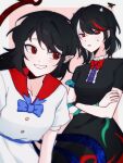  2girls asymmetrical_wings belt black_hair blue_belt blue_bow blue_bowtie blush border bow bowtie buttons collarbone commentary_request cosplay costume_switch cowboy_shot crossed_arms dress frills hair_between_eyes highres horns houjuu_nue houjuu_nue_(cosplay) kijin_seija kijin_seija_(cosplay) korean_commentary looking_at_another looking_at_viewer medium_hair multicolored_hair multiple_girls open_mouth outside_border pink_background pointy_ears puffy_short_sleeves puffy_sleeves red_bow red_bowtie red_eyes red_hair sailor_collar seijamom short_hair short_sleeves simple_background smile snake squiggle standing sweatdrop teeth tomoe_(symbol) touhou white_border white_dress white_hair wings 