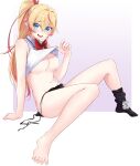  1girl :d akira_miku_ver armpit_crease black_panties blonde_hair blue_eyes blush border bow bowtie breasts clothes_lift collared_shirt crossed_bangs eyelashes feet hair_intakes hand_up highres lace-trimmed_panties lace_trim large_breasts legs long_hair looking_at_viewer multicolored_hair navel no_shoes open_mouth original panties pink_hair ponytail purple_background red_bow red_bowtie shirt shirt_lift side-tie_panties signature sitting sleeveless sleeveless_shirt smile solo streaked_hair sweat toenails toes underwear untied_panties white_border 